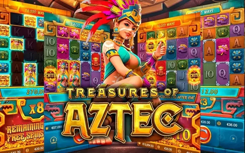 Giao diện chính của Treasures of Aztec với kim tự tháp và các biểu tượng Aztec cổ điển.